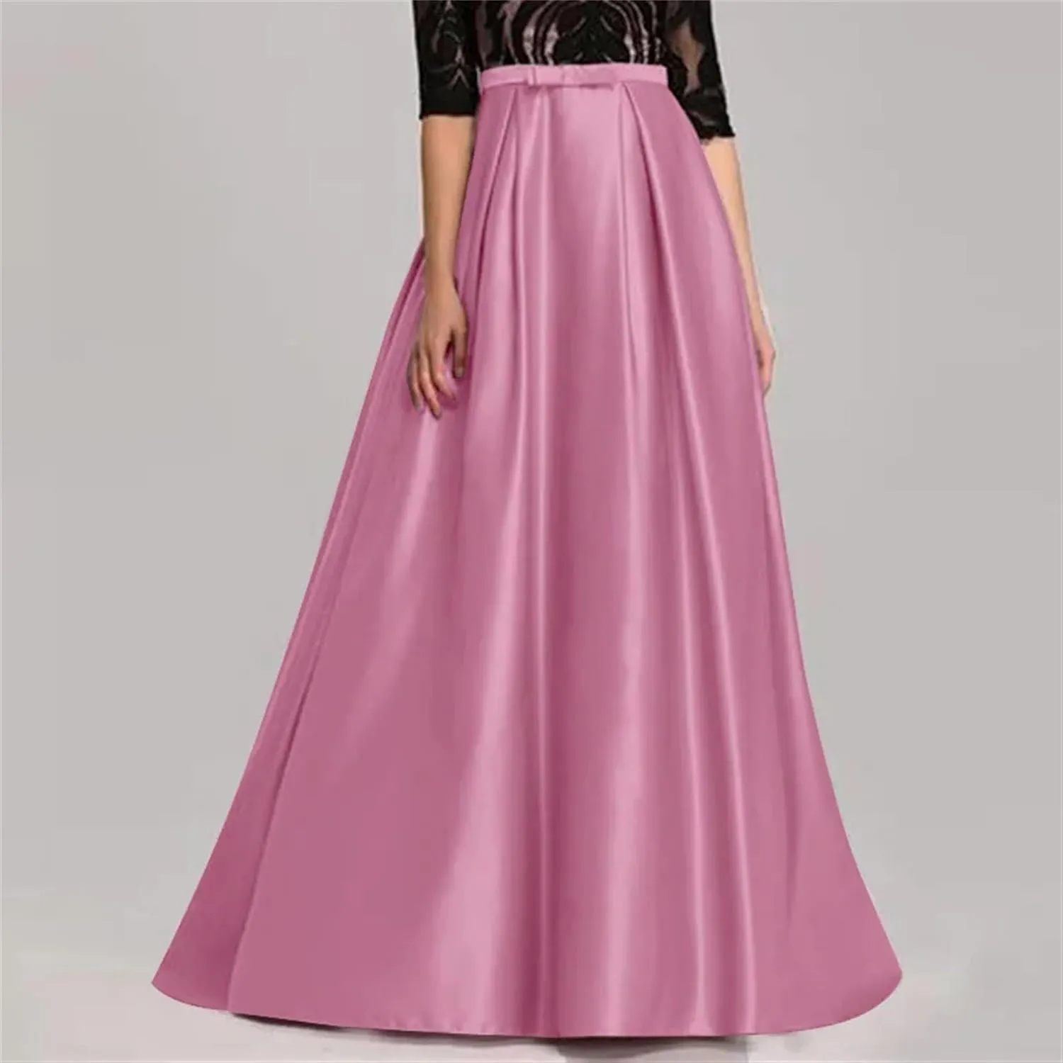 Women's Satin Pleated Maxi Skirt - Elastic High Waisted with Bow & Ruffle Hem A-Line Party Prom Skirt Ankle-Length