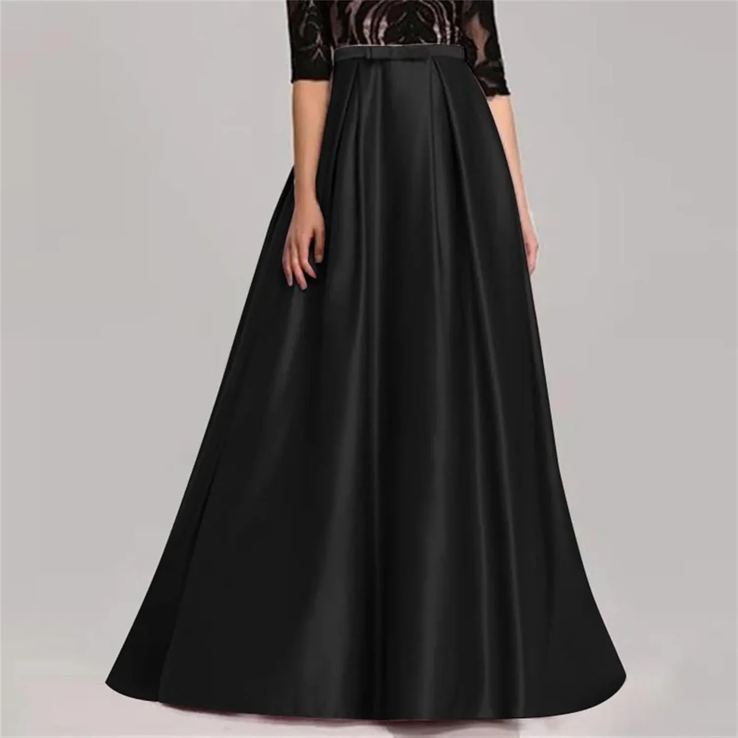 Women's Satin Pleated Maxi Skirt - Elastic High Waisted with Bow & Ruffle Hem A-Line Party Prom Skirt Ankle-Length