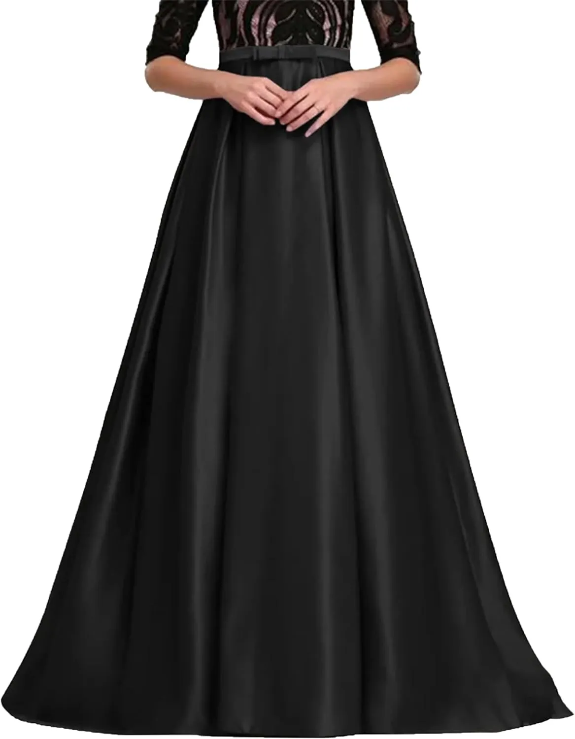 Women's Satin Pleated Maxi Skirt - Elastic High Waisted with Bow & Ruffle Hem A-Line Party Prom Skirt Ankle-Length
