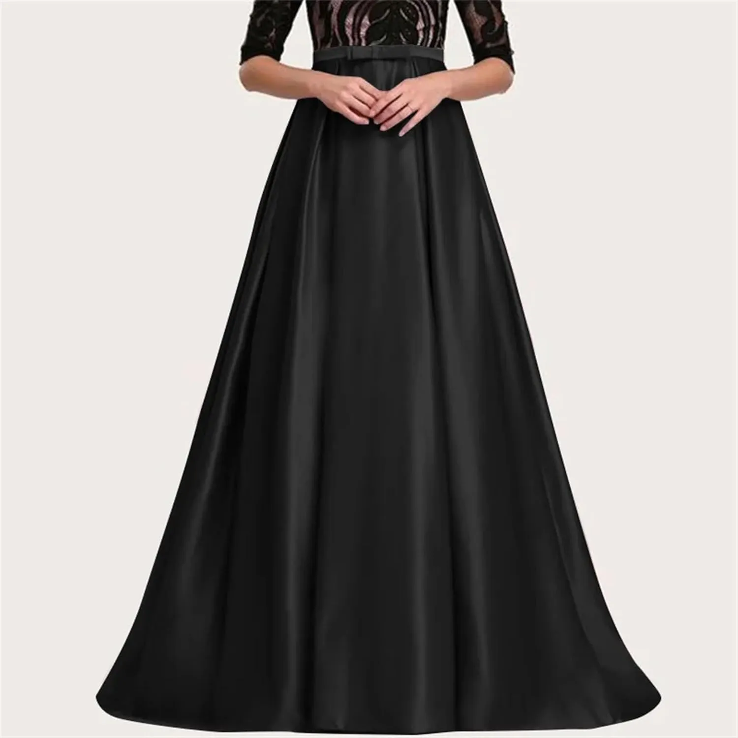 Women's Satin Pleated Maxi Skirt - Elastic High Waisted with Bow & Ruffle Hem A-Line Party Prom Skirt Ankle-Length