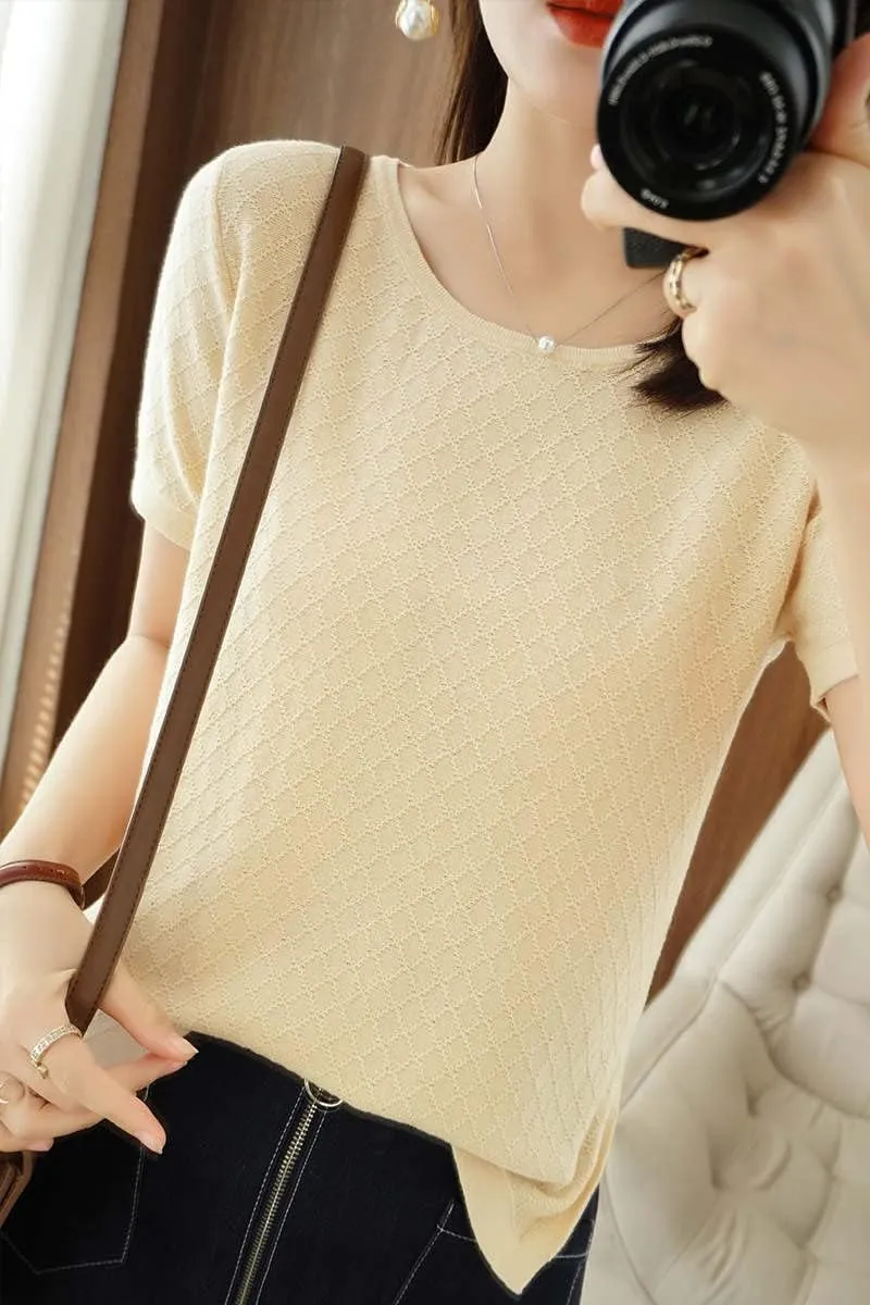 Womens Short Sleeve Sweaters Tops Summer Thin Pullover Cotton Knit Shirt Crew Neck Lightweight Pointelle Blouse