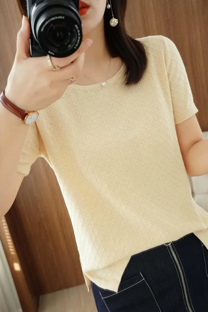 Womens Short Sleeve Sweaters Tops Summer Thin Pullover Cotton Knit Shirt Crew Neck Lightweight Pointelle Blouse