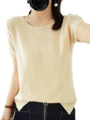 Womens Short Sleeve Sweaters Tops Summer Thin Pullover Cotton Knit Shirt Crew Neck Lightweight Pointelle Blouse