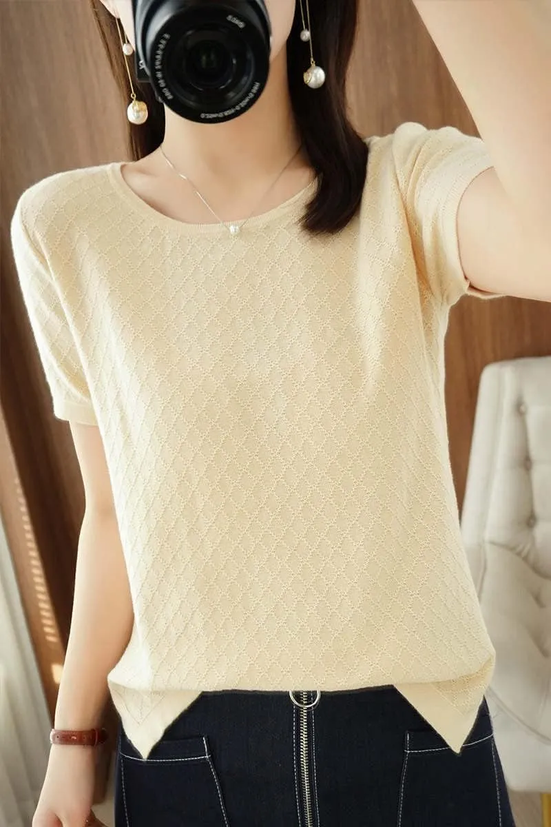 Womens Short Sleeve Sweaters Tops Summer Thin Pullover Cotton Knit Shirt Crew Neck Lightweight Pointelle Blouse