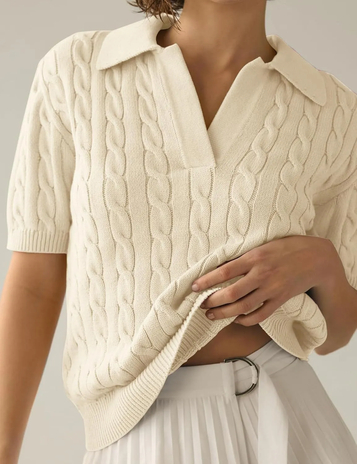 Womens Short Sleeve V Neck Sweaters Cable Knit Collared Pullover Sweater 2024 Trendy Comfy Polo Shirts