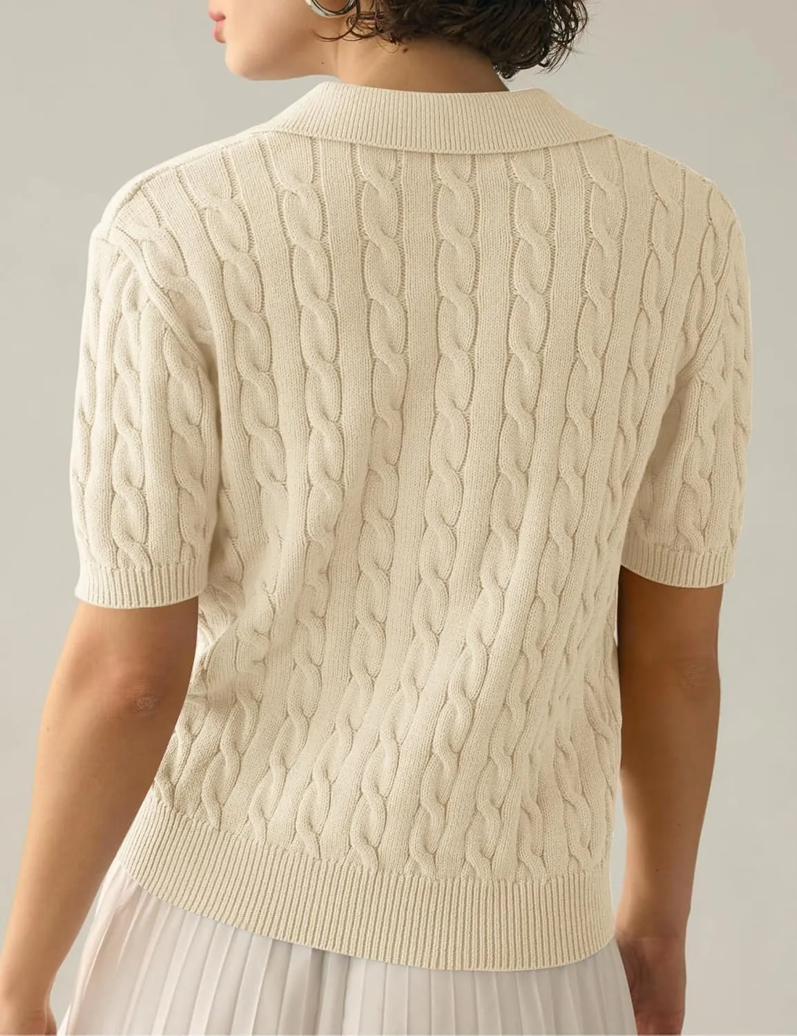 Womens Short Sleeve V Neck Sweaters Cable Knit Collared Pullover Sweater 2024 Trendy Comfy Polo Shirts