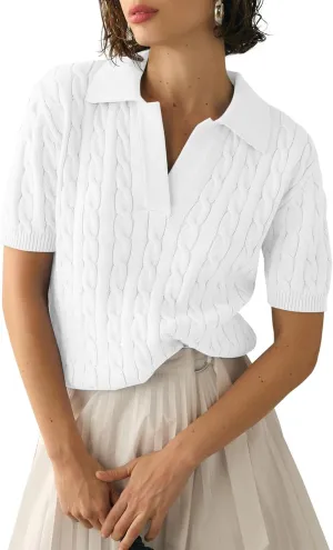 Womens Short Sleeve V Neck Sweaters Cable Knit Collared Pullover Sweater 2024 Trendy Comfy Polo Shirts