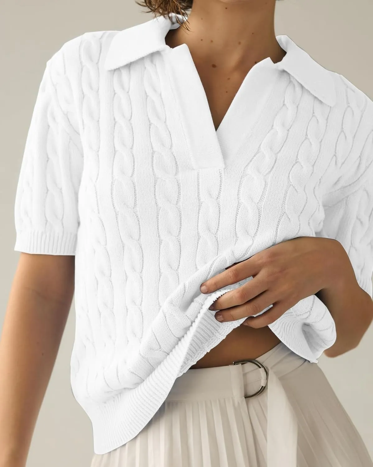 Womens Short Sleeve V Neck Sweaters Cable Knit Collared Pullover Sweater 2024 Trendy Comfy Polo Shirts
