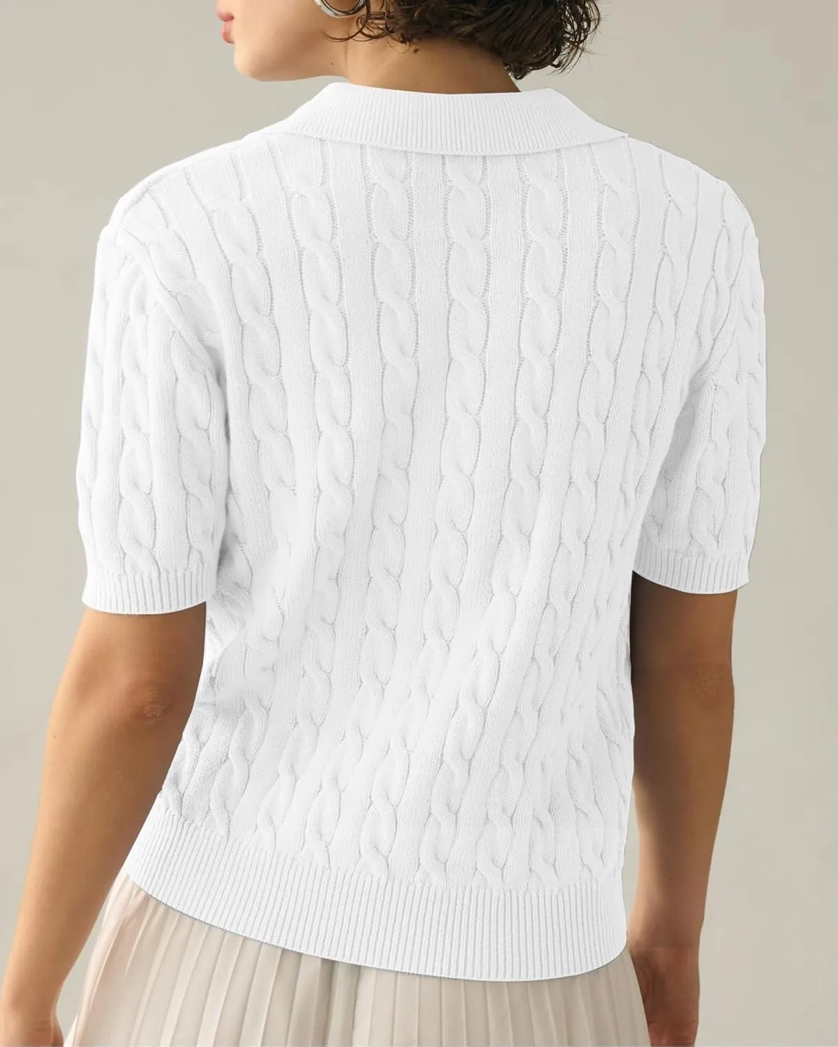 Womens Short Sleeve V Neck Sweaters Cable Knit Collared Pullover Sweater 2024 Trendy Comfy Polo Shirts