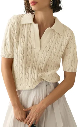 Womens Short Sleeve V Neck Sweaters Cable Knit Collared Pullover Sweater 2024 Trendy Comfy Polo Shirts
