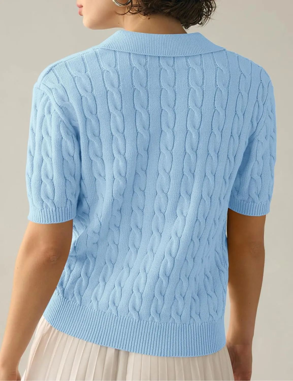 Womens Short Sleeve V Neck Sweaters Cable Knit Collared Pullover Sweater 2024 Trendy Comfy Polo Shirts