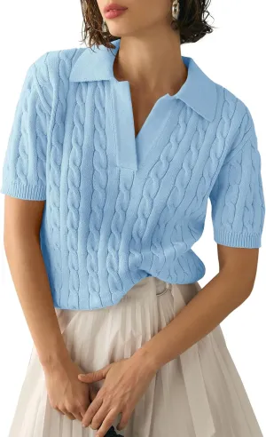 Womens Short Sleeve V Neck Sweaters Cable Knit Collared Pullover Sweater 2024 Trendy Comfy Polo Shirts