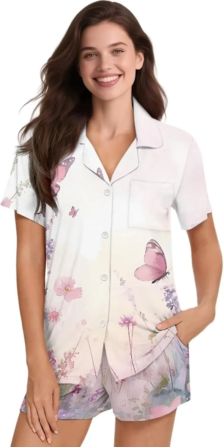 Women's Sleepwear Short Sleeve Pajama Sets Two-Piece Pjs V Neck Tops and Pants with Pockets Size S-XXL