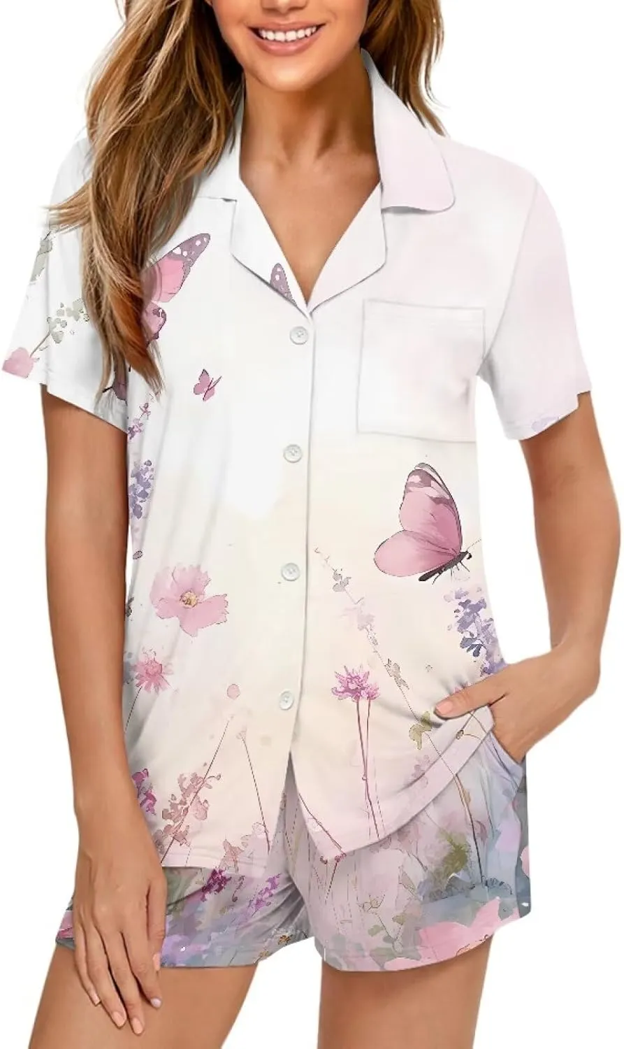 Women's Sleepwear Short Sleeve Pajama Sets Two-Piece Pjs V Neck Tops and Pants with Pockets Size S-XXL