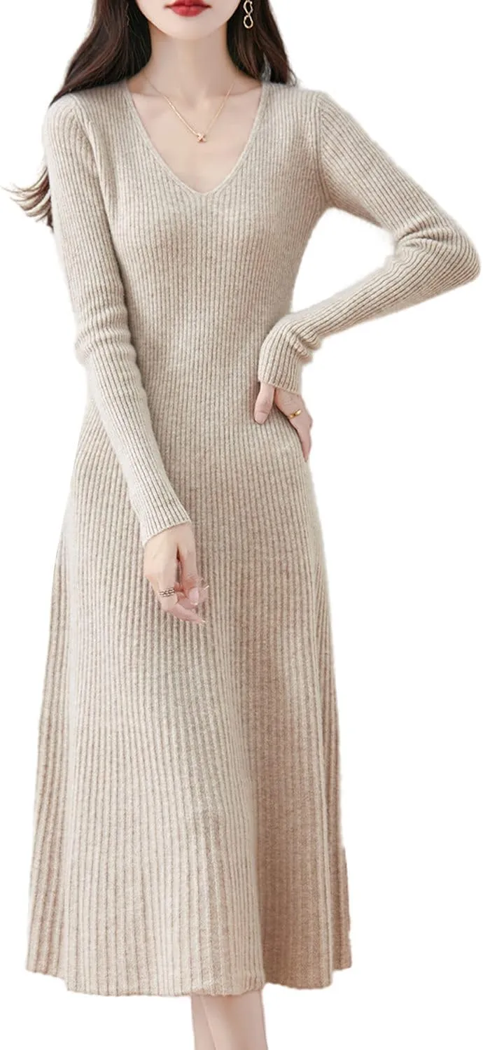Women's Sweater Dress 100% Merino Wool Pullover Long Sleeve V Neck Knitted Slim Tops