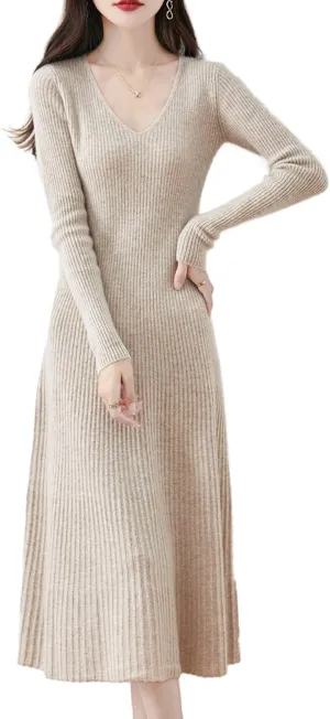 Women's Sweater Dress 100% Merino Wool Pullover Long Sleeve V Neck Knitted Slim Tops