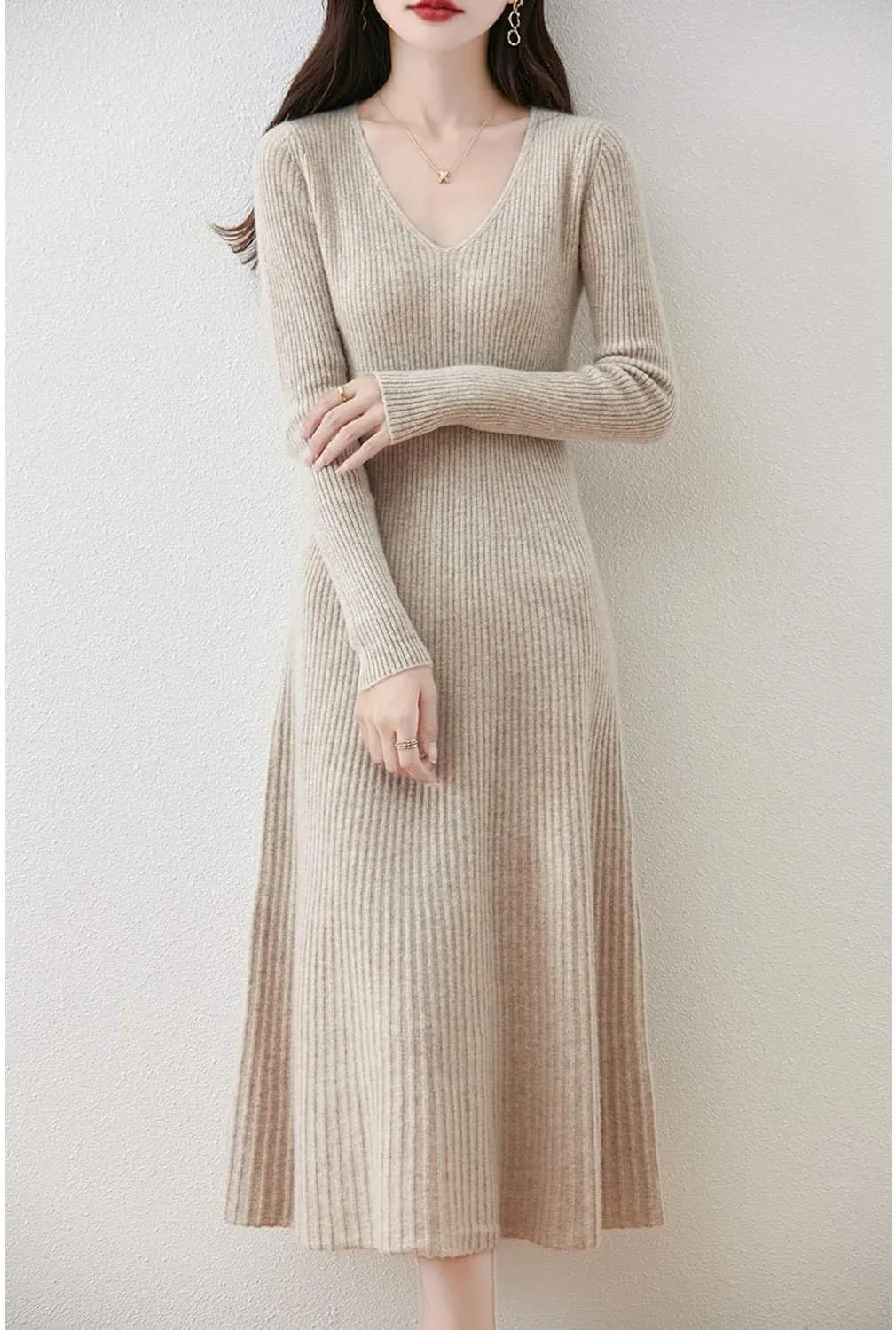 Women's Sweater Dress 100% Merino Wool Pullover Long Sleeve V Neck Knitted Slim Tops
