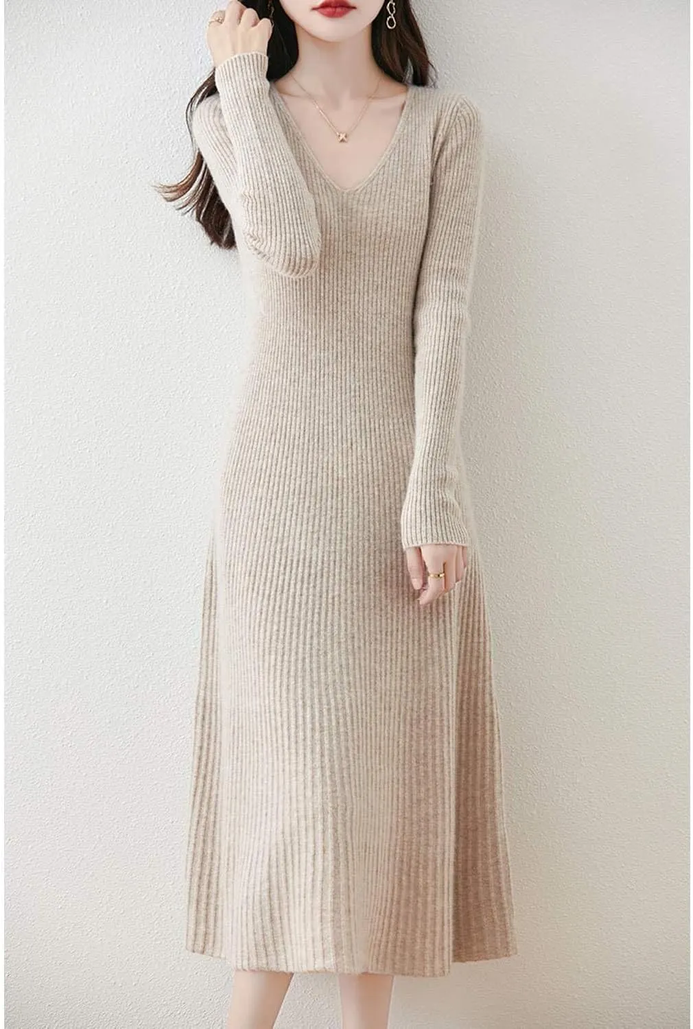 Women's Sweater Dress 100% Merino Wool Pullover Long Sleeve V Neck Knitted Slim Tops