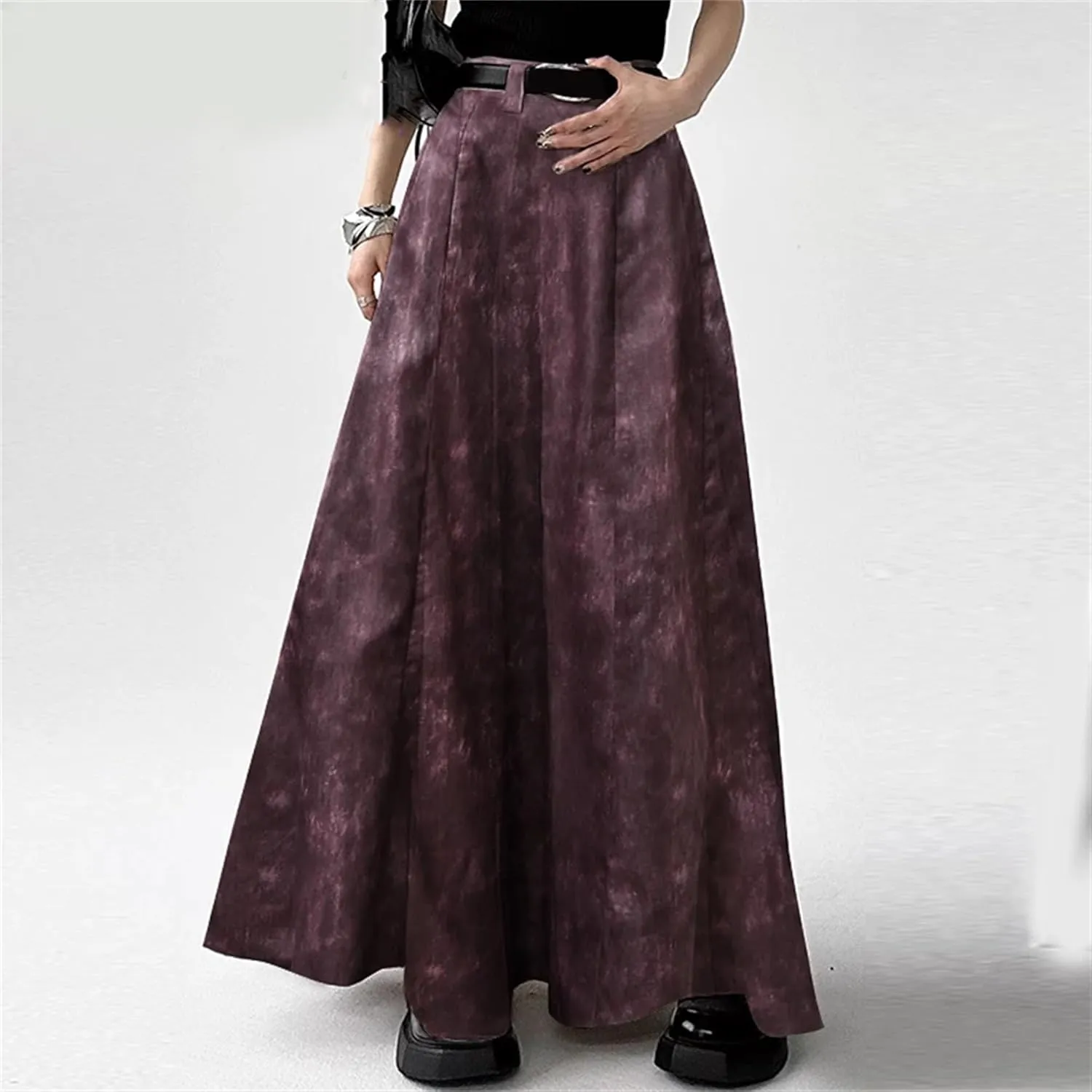 Women's Tie-Dye Maxi Skirt - High Waisted A-Line with Belt Loops & Ankle-Length Ruffles Boho Swing Skirt