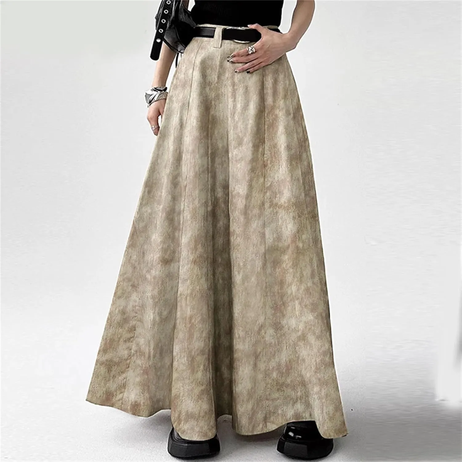 Women's Tie-Dye Maxi Skirt - High Waisted A-Line with Belt Loops & Ankle-Length Ruffles Boho Swing Skirt