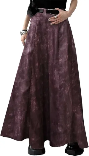 Women's Tie-Dye Maxi Skirt - High Waisted A-Line with Belt Loops & Ankle-Length Ruffles Boho Swing Skirt