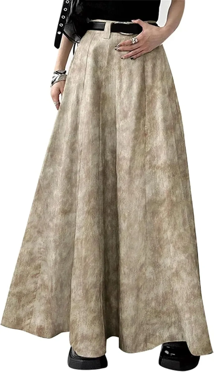 Women's Tie-Dye Maxi Skirt - High Waisted A-Line with Belt Loops & Ankle-Length Ruffles Boho Swing Skirt