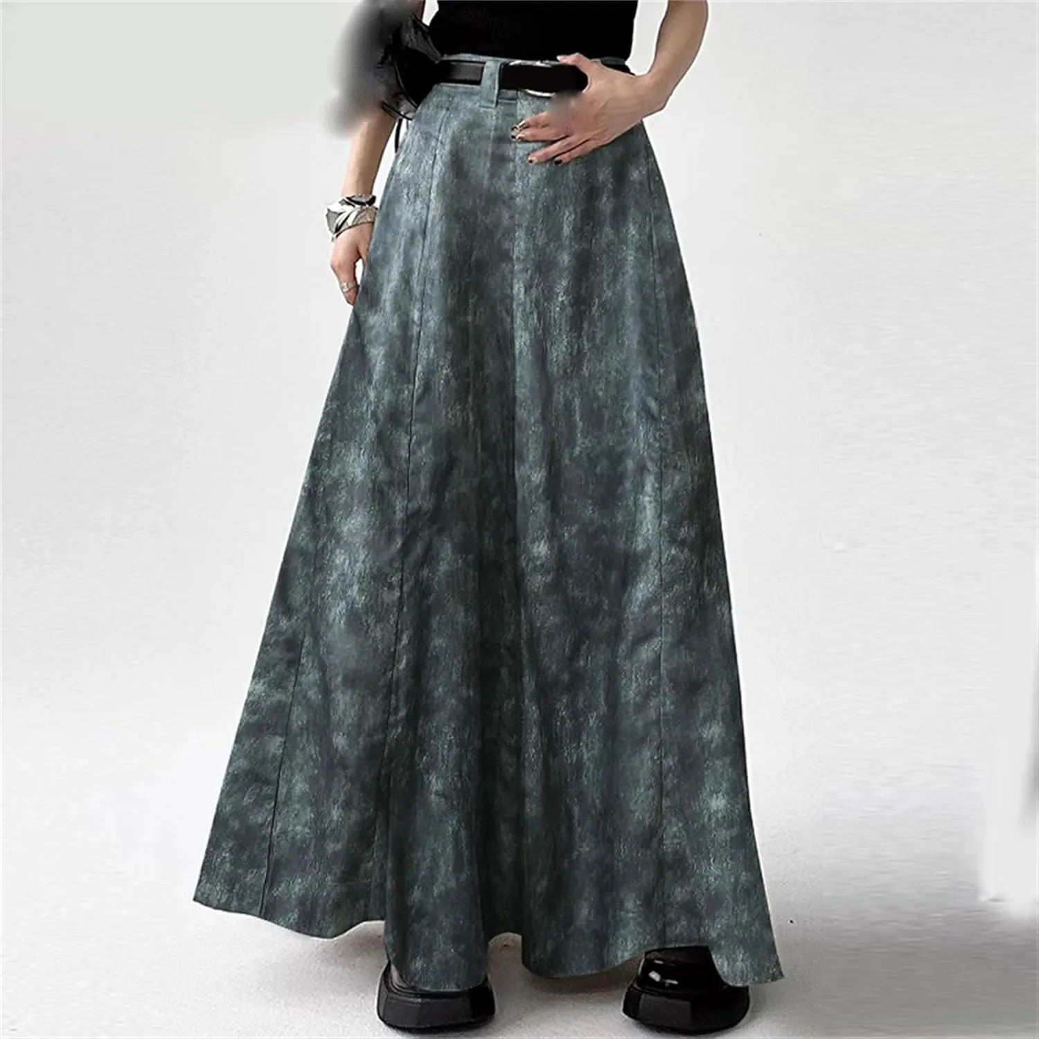 Women's Tie-Dye Maxi Skirt - High Waisted A-Line with Belt Loops & Ankle-Length Ruffles Boho Swing Skirt