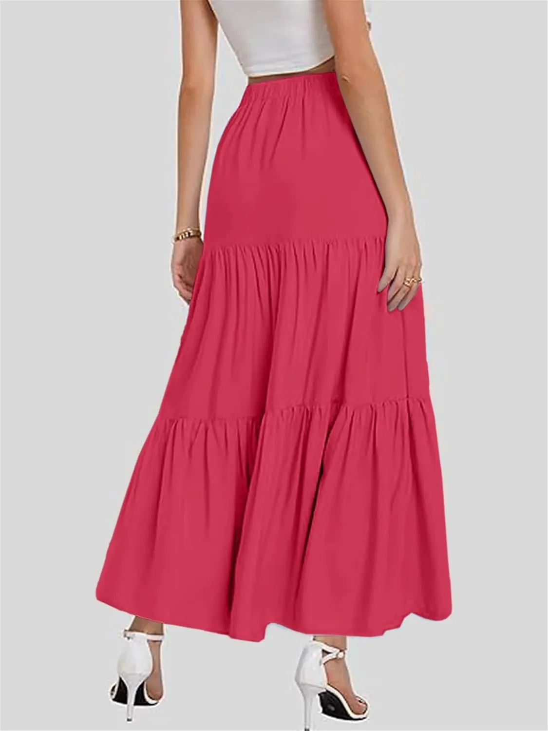 Women's Tiered Maxi Skirt Lightweight Stretchy Waistband Flowy A-Line Skirt Solid Color Casual Beach Summer Skirt