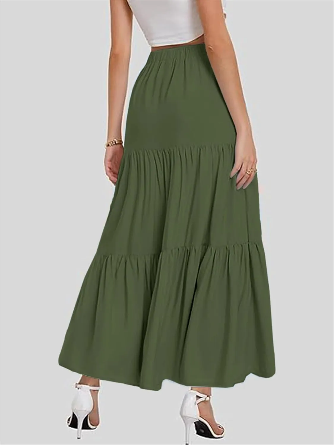Women's Tiered Maxi Skirt Lightweight Stretchy Waistband Flowy A-Line Skirt Solid Color Casual Beach Summer Skirt