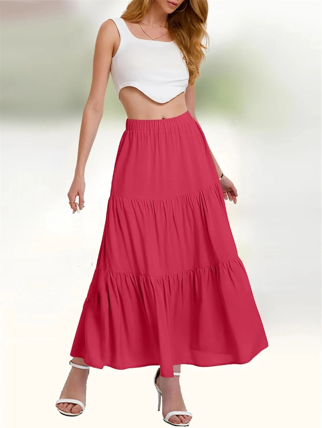 Women's Tiered Maxi Skirt Lightweight Stretchy Waistband Flowy A-Line Skirt Solid Color Casual Beach Summer Skirt