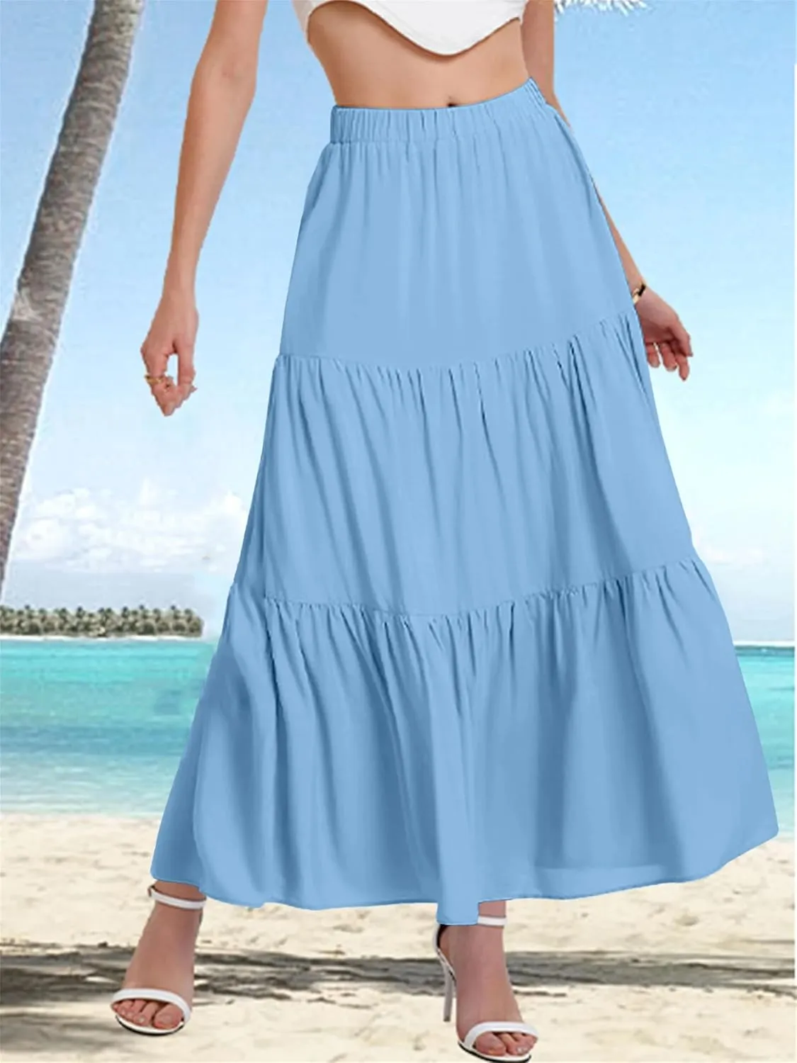 Women's Tiered Maxi Skirt Lightweight Stretchy Waistband Flowy A-Line Skirt Solid Color Casual Beach Summer Skirt