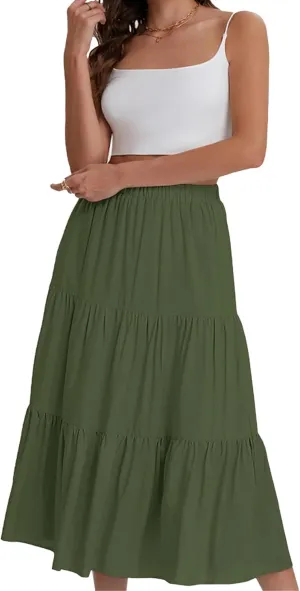 Women's Tiered Maxi Skirt Lightweight Stretchy Waistband Flowy A-Line Skirt Solid Color Casual Beach Summer Skirt