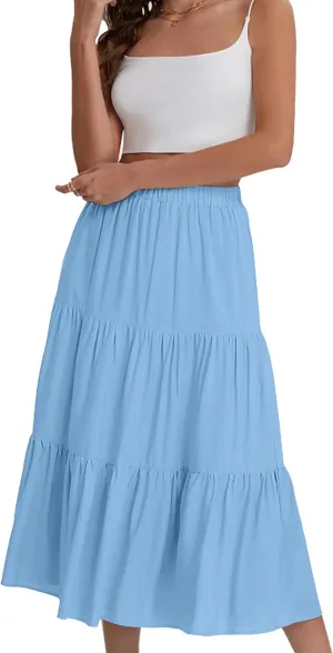 Women's Tiered Maxi Skirt Lightweight Stretchy Waistband Flowy A-Line Skirt Solid Color Casual Beach Summer Skirt