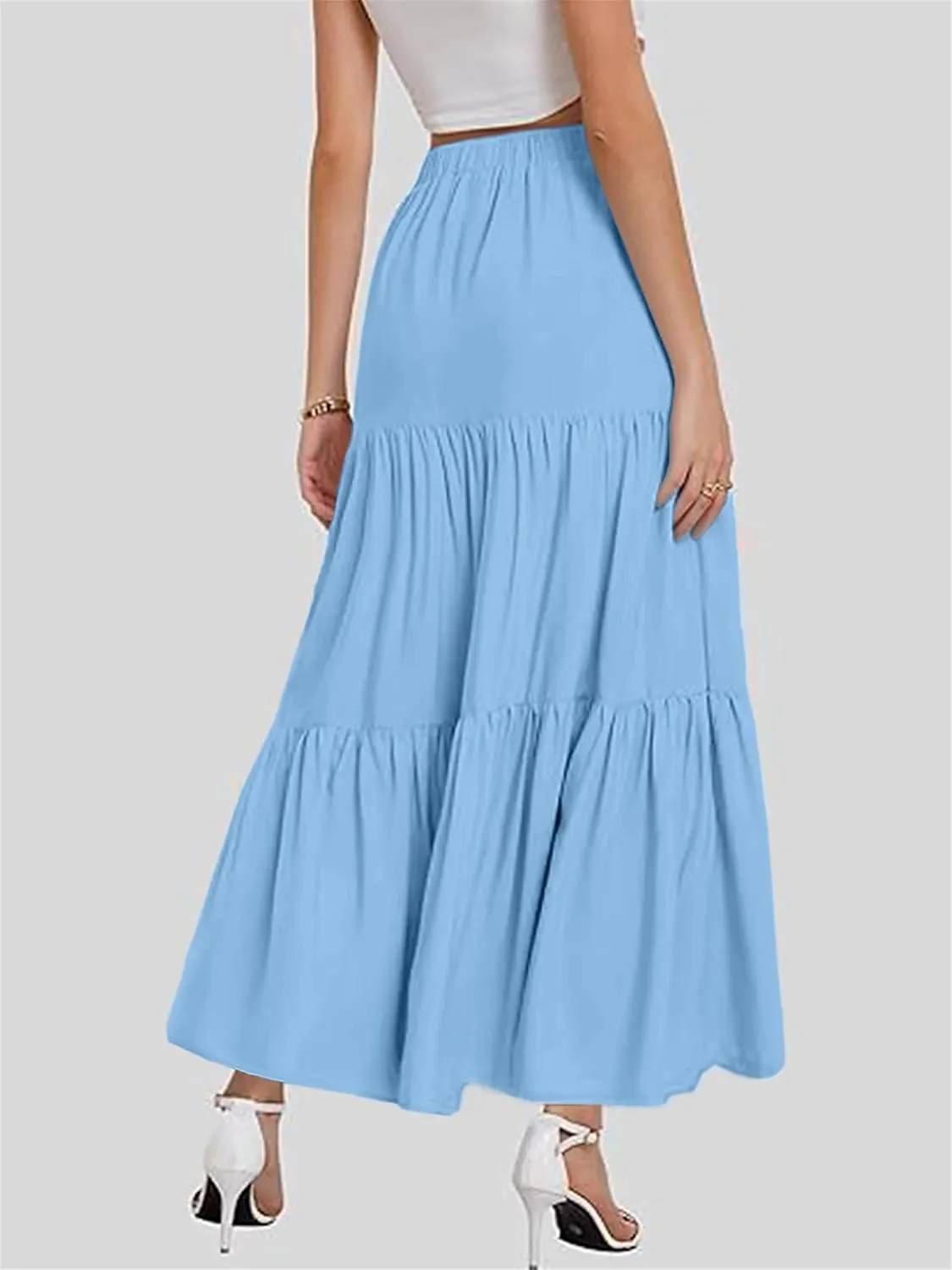 Women's Tiered Maxi Skirt Lightweight Stretchy Waistband Flowy A-Line Skirt Solid Color Casual Beach Summer Skirt