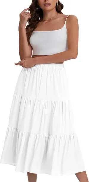 Women's Tiered Maxi Skirt Lightweight Stretchy Waistband Flowy A-Line Skirt Solid Color Casual Beach Summer Skirt