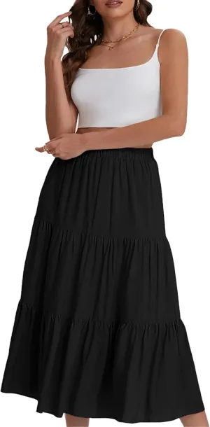 Women's Tiered Maxi Skirt Lightweight Stretchy Waistband Flowy A-Line Skirt Solid Color Casual Beach Summer Skirt
