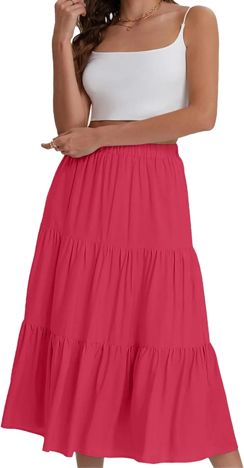 Women's Tiered Maxi Skirt Lightweight Stretchy Waistband Flowy A-Line Skirt Solid Color Casual Beach Summer Skirt