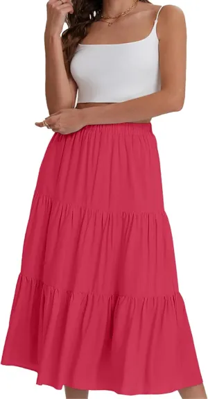 Women's Tiered Maxi Skirt Lightweight Stretchy Waistband Flowy A-Line Skirt Solid Color Casual Beach Summer Skirt