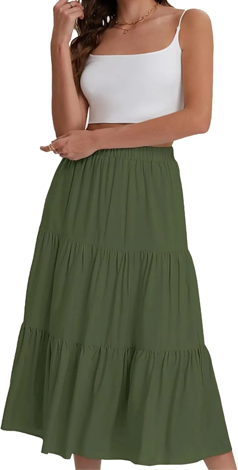 Women's Tiered Maxi Skirt Lightweight Stretchy Waistband Flowy A-Line Skirt Solid Color Casual Beach Summer Skirt