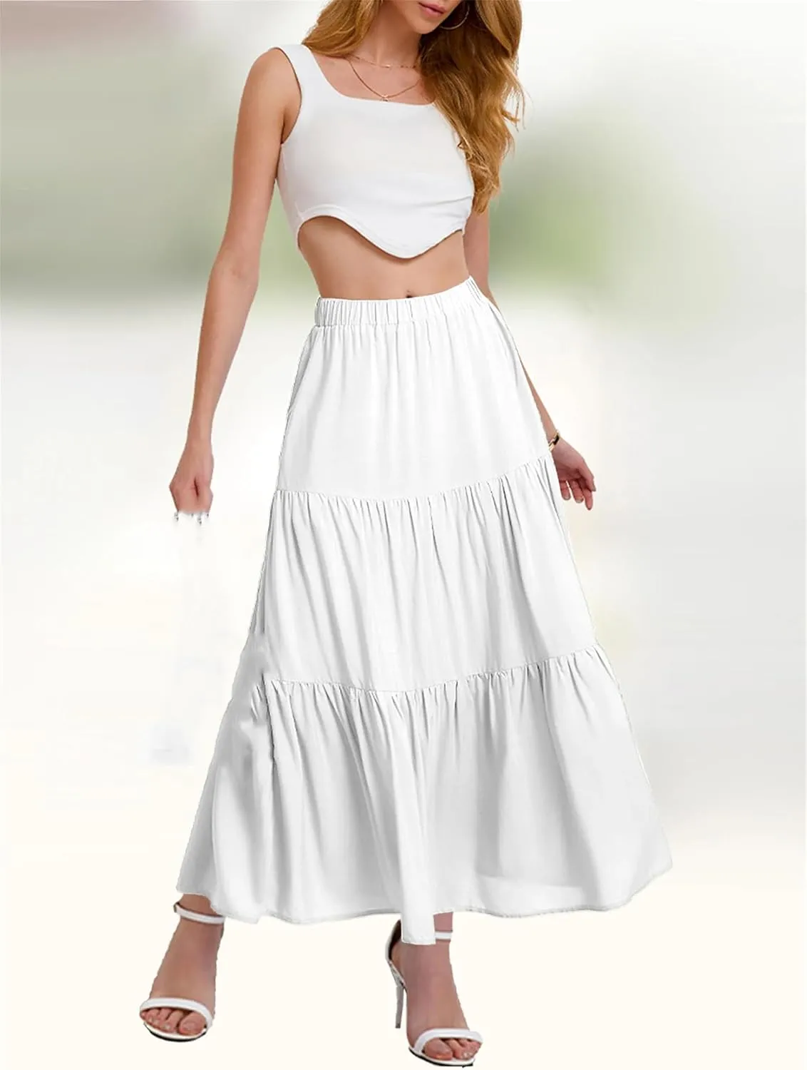 Women's Tiered Maxi Skirt Lightweight Stretchy Waistband Flowy A-Line Skirt Solid Color Casual Beach Summer Skirt