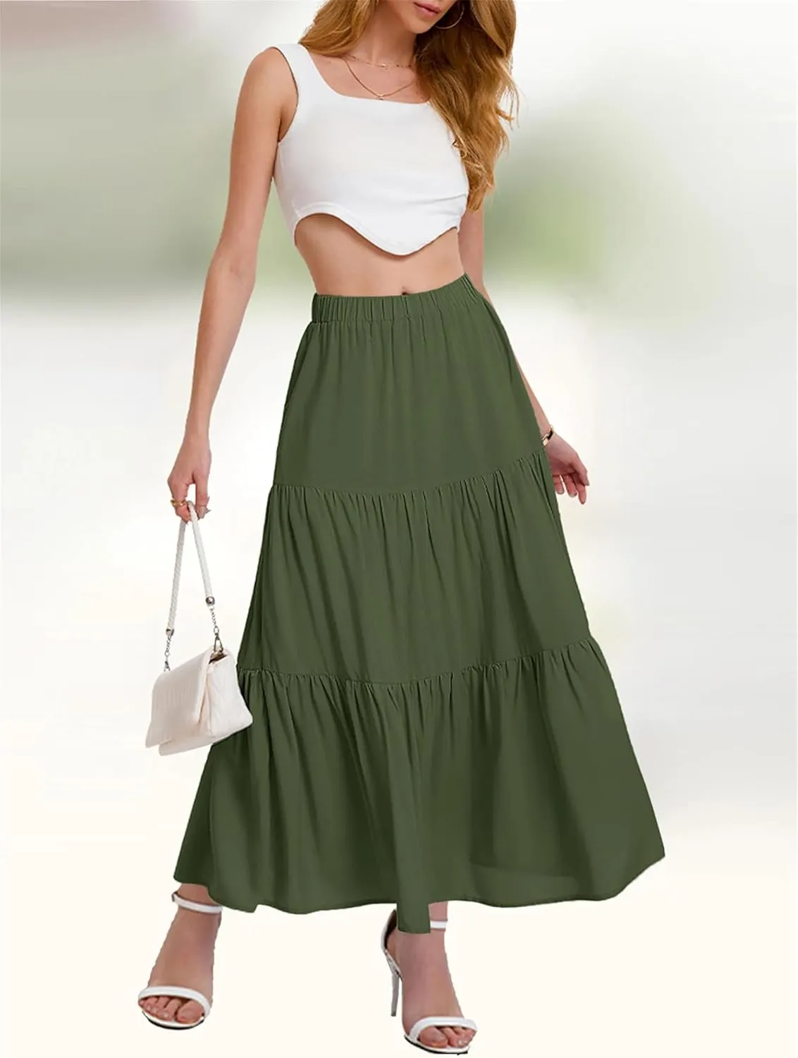 Women's Tiered Maxi Skirt Lightweight Stretchy Waistband Flowy A-Line Skirt Solid Color Casual Beach Summer Skirt