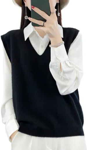 Women's V-Neck Knit Sweater Vest 100% Merino Wool Lightweight Sleeveless Pullover Basic Vest Short Tops