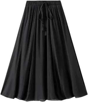 Women's Vintage 2 Layered Solid Long Skirt Elastic High Waist Cotton Linen Swing A-Line Skirts