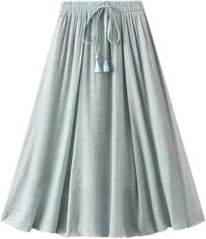 Women's Vintage 2 Layered Solid Long Skirt Elastic High Waist Cotton Linen Swing A-Line Skirts