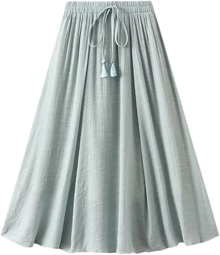 Women's Vintage 2 Layered Solid Long Skirt Elastic High Waist Cotton Linen Swing A-Line Skirts