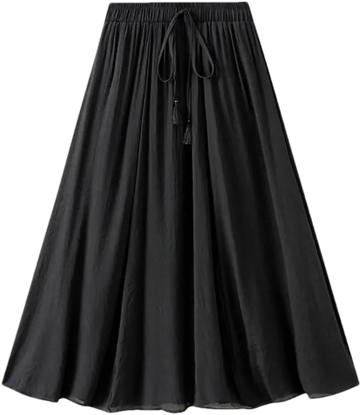 Women's Vintage 2 Layered Solid Long Skirt Elastic High Waist Cotton Linen Swing A-Line Skirts