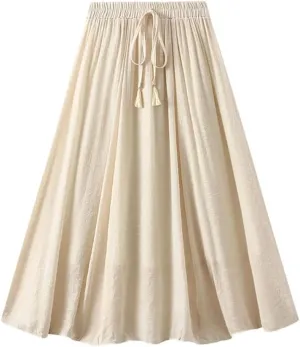 Women's Vintage 2 Layered Solid Long Skirt Elastic High Waist Cotton Linen Swing A-Line Skirts