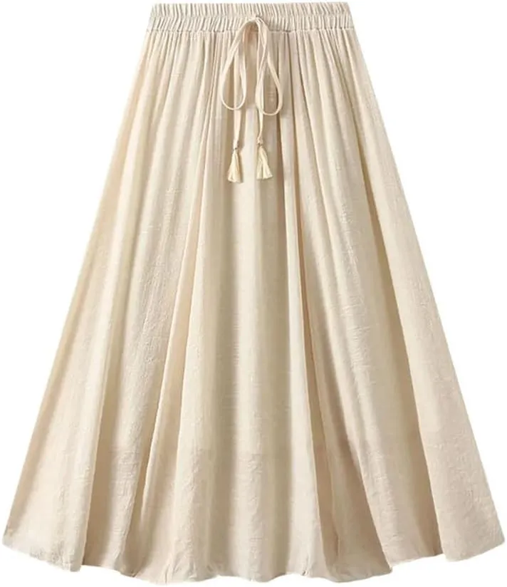 Women's Vintage 2 Layered Solid Long Skirt Elastic High Waist Cotton Linen Swing A-Line Skirts