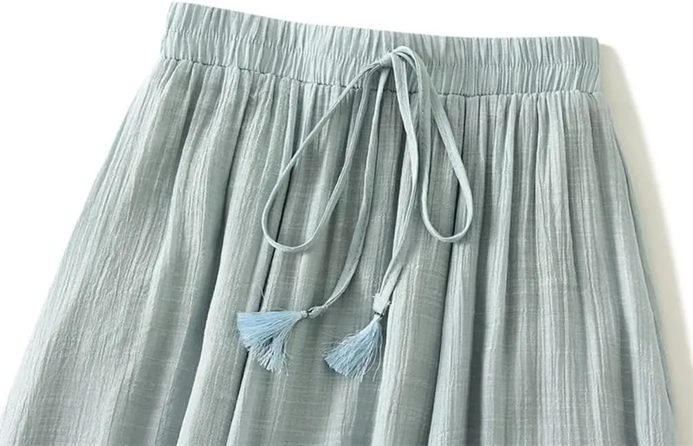 Women's Vintage 2 Layered Solid Long Skirt Elastic High Waist Cotton Linen Swing A-Line Skirts