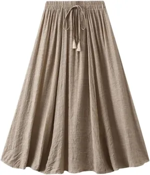 Women's Vintage 2 Layered Solid Long Skirt Elastic High Waist Cotton Linen Swing A-Line Skirts